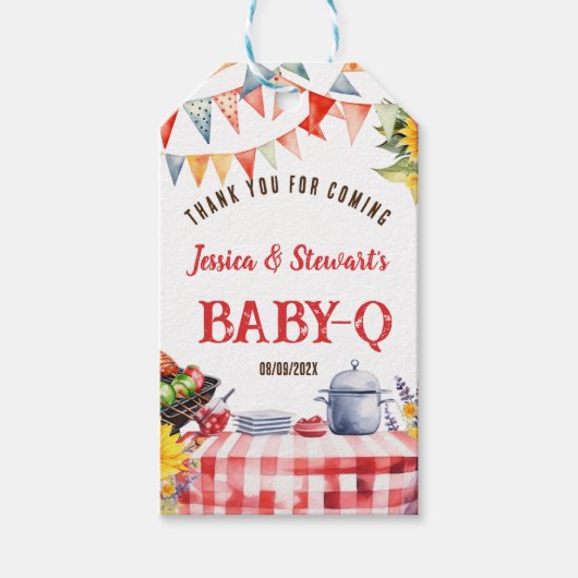 Rustieke BABY-Q Barbecue Picknick Zonnebloem Dank Cadeaulabel (Voorkant)