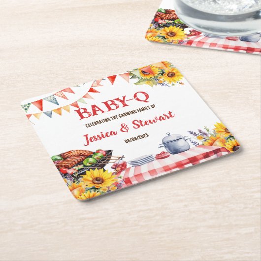 Rustieke BABY-Q Barbecue Picknick Zonnebloem Plaid Kartonnen Onderzetters (Schuin)