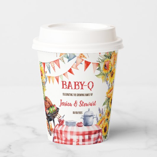 Rustieke BABY-Q Barbecue Picknick Zonnebloem Plaid Papieren Bekers (Voorkant)