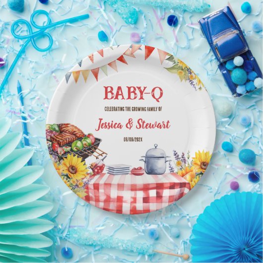 Rustieke BABY-Q Barbecue Picknick Zonnebloem Plaid Papieren Bordje (Feest)