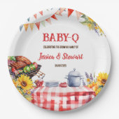 Rustieke BABY-Q Barbecue Picknick Zonnebloem Plaid Papieren Bordje (Voorkant)