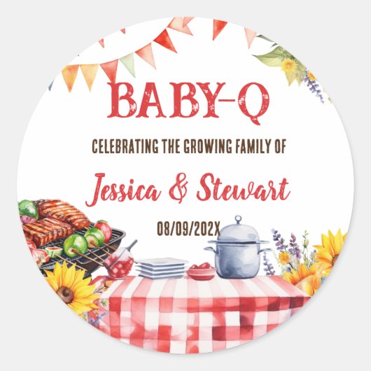 Rustieke BABY-Q Barbecue Picknick Zonnebloem Plaid Ronde Sticker (Voorkant)
