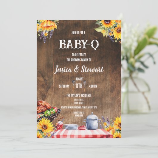 Rustieke BABY-Q picknick zonnebloem geruite hout Kaart (Staand voorkant)