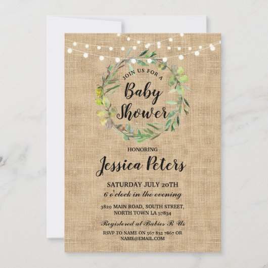 Rustieke Baby shower Burlap Green Krans Uitnodigen Kaart (Voorkant)