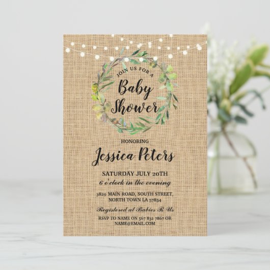 Rustieke Baby shower Burlap Green Krans Uitnodigen Kaart (Staand voorkant)