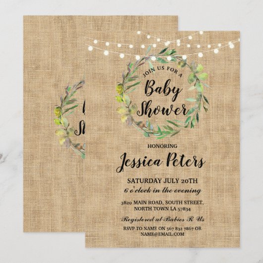 Rustieke Baby shower Burlap Green Krans Uitnodigen Kaart (Voorkant / Achterkant)