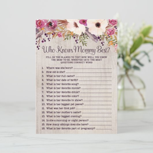 Rustieke baby shower spel Wie kent mama het beste Kaart (Staand voorkant)