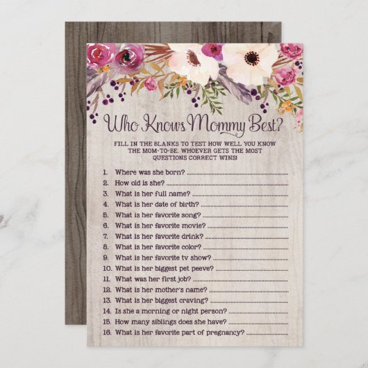 Rustieke baby shower spel Wie kent mama het beste Kaart (Voorkant / Achterkant)