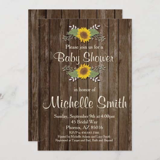 Rustieke Baby shower Uitnodiging, Zonnebloem, Bloe Kaart (Voorkant / Achterkant)