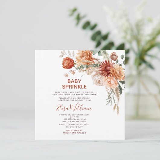 Rustieke Baby Sprinkle Sinaasappel Wildflower Baby Kaart (Staand voorkant)