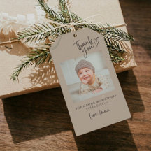 Rustieke babyfoto verjaardag bedank cadeau labels