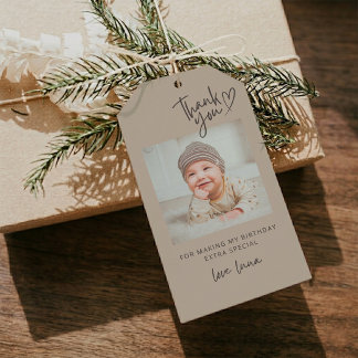 Rustieke babyfoto verjaardag bedank cadeau labels cadeaulabel