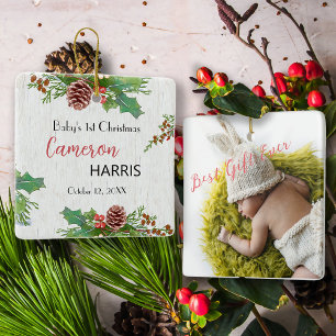 Rustieke baby's 1e kerst mijlpaal foto keramisch ornament