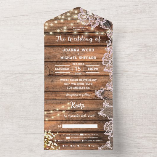 Rustieke baby's adem snoerlichten kant bruiloft all in one uitnodiging (Binnen)