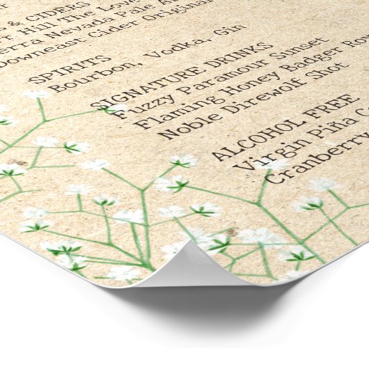 Rustieke Baby's Breath Bloemige Trouw Bar Menu Bor Poster (Hoek)