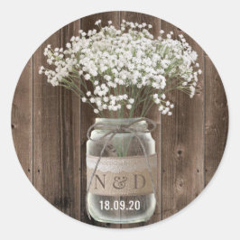 Rustieke Baby's Breath Floral Jar Wood Bruiloft Ronde Sticker