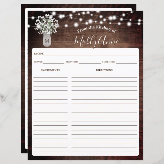 Rustieke Baby's Breath Jar Lights Receptenblad (Voorkant / Achterkant)