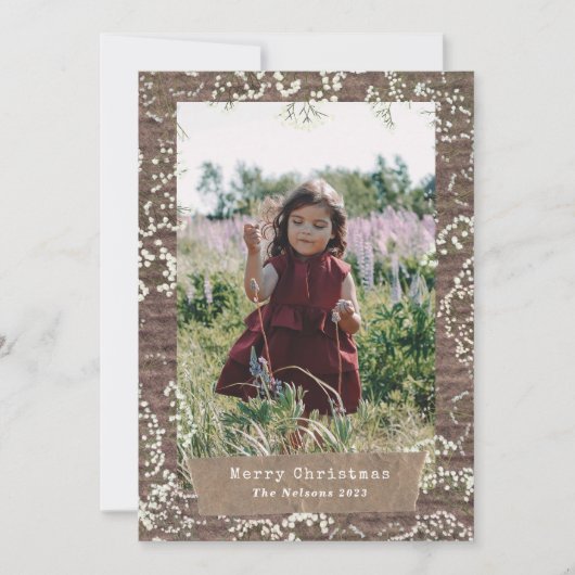 Rustieke Baby's Breath Kerstmis Foto gescheurd pap Feestdagenkaart (Voorkant)