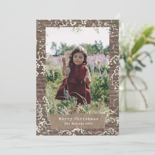 Rustieke Baby's Breath Kerstmis Foto gescheurd pap Feestdagenkaart (Staand voorkant)