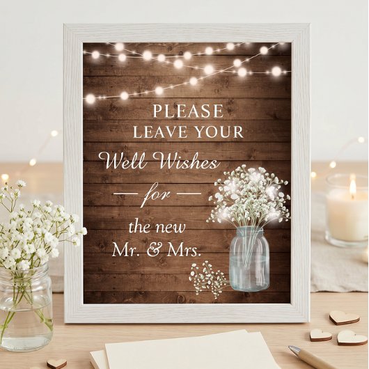 Rustieke Baby's Breath Lichtjes Goed Wensen Bord Poster