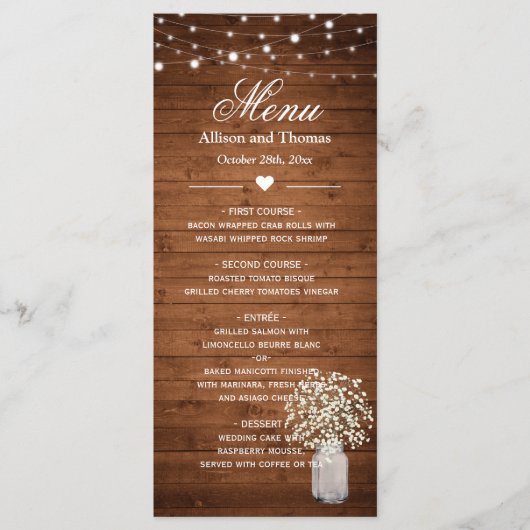 Rustieke Baby's Breath Lights Bruiloft Menu (Voorkant)