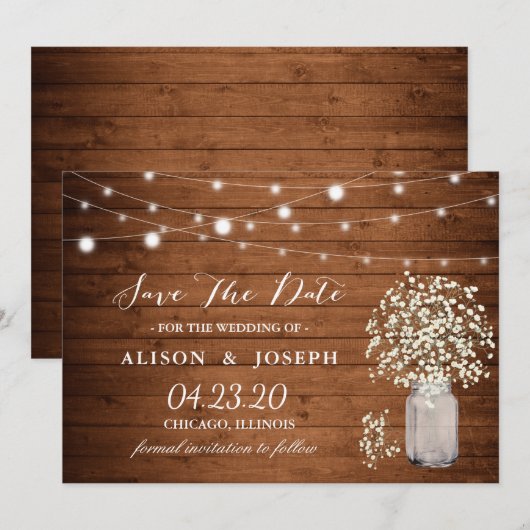 Rustieke Baby's Breath Lights Bruiloft Save The Da Date (Voorkant / Achterkant)