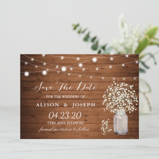 Rustieke Baby's Breath Lights Bruiloft Save The Da Save The Date (Staand voorkant)