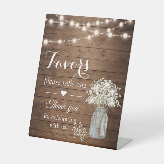 Rustieke Baby's Breath Lights Huwelijksgunsten Reclamebord Met Voetstuk (Voorkant)