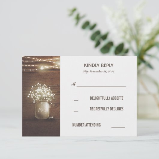 Rustieke Baby's Breath Mason Jar Bruiloft RSVP Kaa (Staand voorkant)