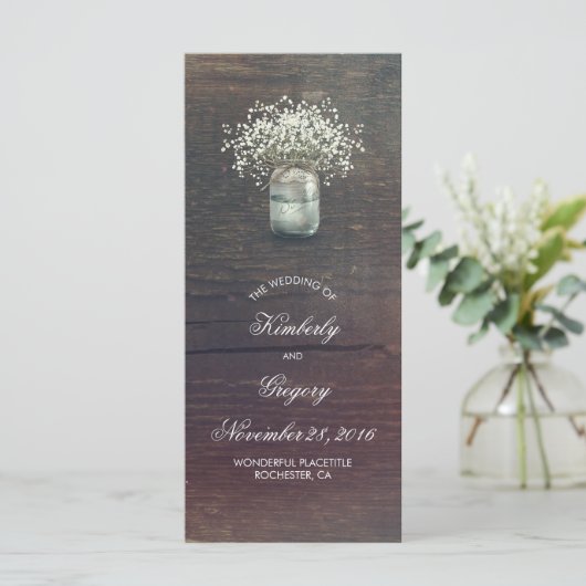 Rustieke Baby's Breath Mason Jar Wedding Programma Programmakaart (Staand voorkant)