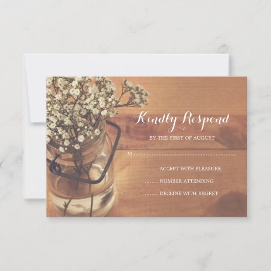 Rustieke Baby's Breath Mason Jar Wood Bruiloft RSV RSVP Kaartje (Voorkant)