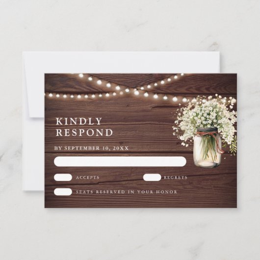 Rustieke Baby's Breath Mason Pot Huwelijk RSVP Kaartje (Voorkant)