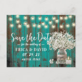 Rustieke Baby's Breath Pot Teal Hout Save the Date Aankondigingskaart (Voorkant)