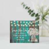 Rustieke Baby's Breath Pot Teal Hout Save the Date Aankondigingskaart (Staand voorkant)
