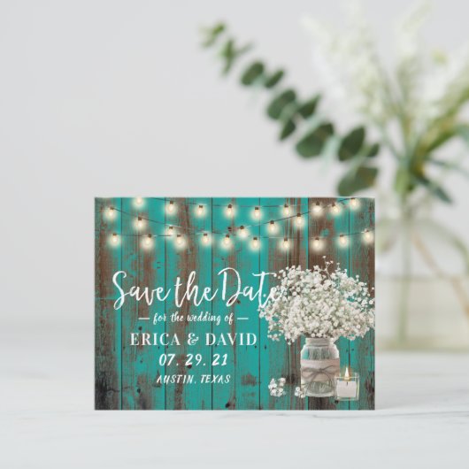 Rustieke Baby's Breath Pot Teal Hout Save the Date Aankondigingskaart (Staand voorkant)