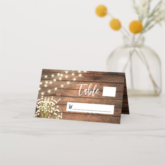 Rustieke Baby's Breath & String Lights Houten Brui Plaatskaartje (Voorkant)