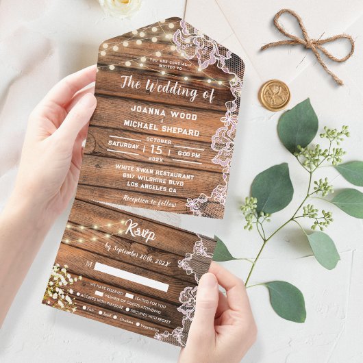 Rustieke Baby's Breath String Lights Kant Bruiloft All In One Uitnodiging