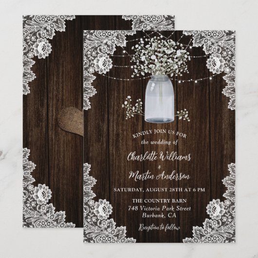 Rustieke Baby's Breath Wood Mason Jar Wedding Kaart (Voorkant / Achterkant)