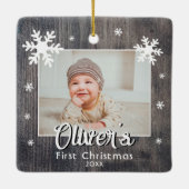 Rustieke baby's eerste kerst houten sneeuwvlok fot keramisch ornament (Achterkant)