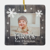 Rustieke baby's eerste kerst houten sneeuwvlok fot keramisch ornament (Voorkant)