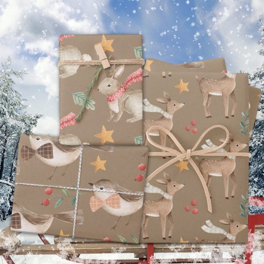 Rustieke baby's eerste kerst rendier konijnenvogel inpakpapier vel