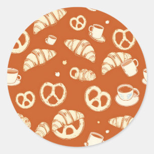 Rustieke bakkerij croissants en pretzels handgetek ronde sticker
