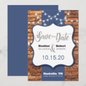 Rustieke baksteen achtergrond blauwe accenten save save the date (Voorkant / Achterkant)