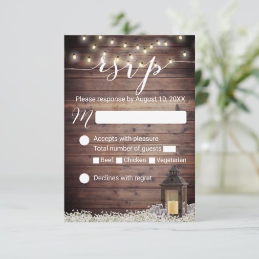 Rustieke Barn Lantaarn String Lights Wedding RSVP (Staand voorkant)