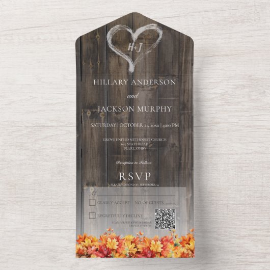 Rustieke Barnwood & Herfst bladeren QR-code All In One Uitnodiging (Binnen)