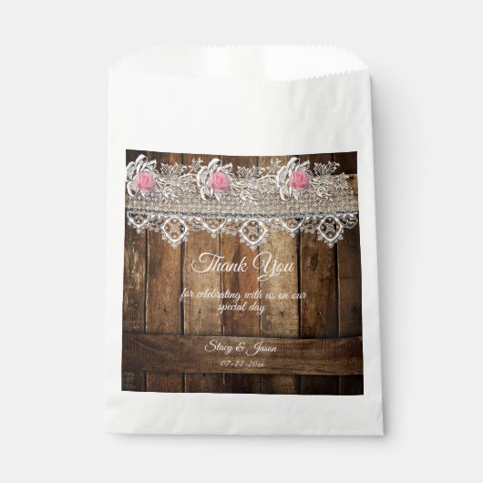 Rustieke Barnwood, Kant & Rozen bruiloft Bedankzakje (Voorkant)