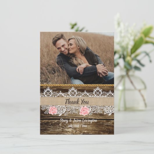 Rustieke Barnwood & Lace bruiloft Bedankkaart (Staand voorkant)