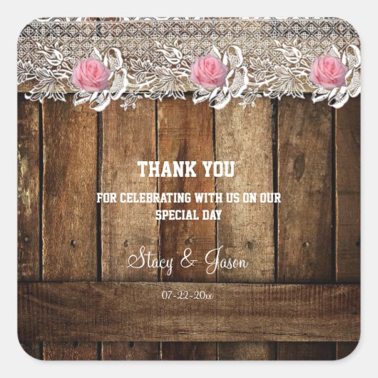 Rustieke Barnwood & Lace bruiloft Vierkante Sticker (Voorkant)