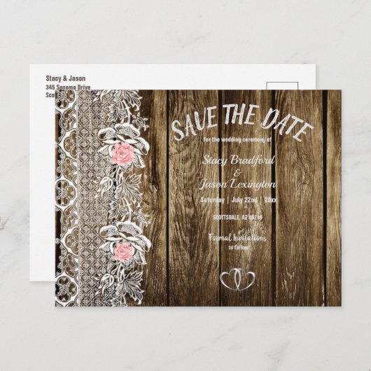 Rustieke Barnwood & Lace Save The Date Wedding Briefkaart (Voorkant / Achterkant)