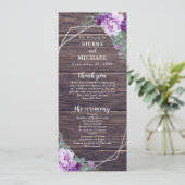 Rustieke Barnwood Paarse & Zilveren Bloemen Bruilo Programmakaart (Staand voorkant)